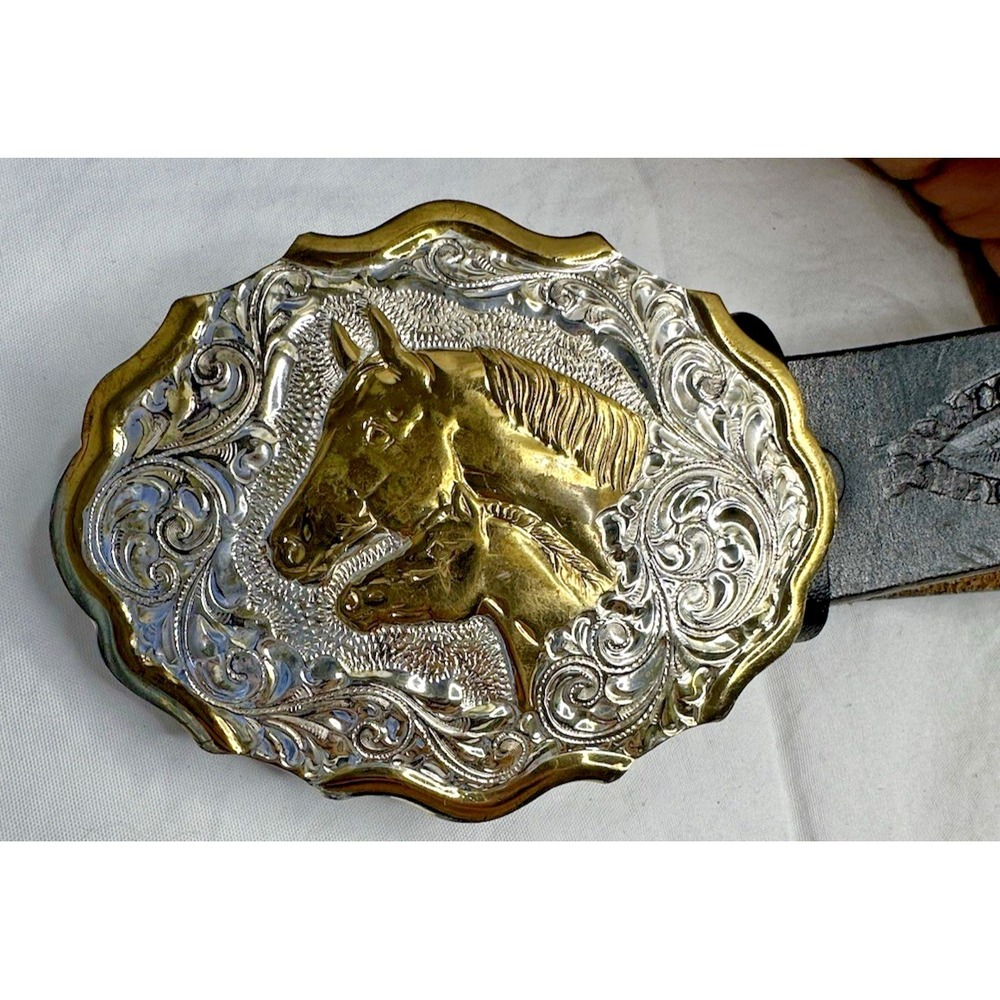 Crumrine Silver Plate Buckle Horse Mare Foal Two Tone Western Belt Black 26 - Picture 2 of 16